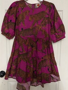 farm rio x anthropologie long-sleeve ruffle-shoulder shift mini dress Farm Rio for Anthropologie Bright Floral Puff Sleeve Mini Dress Womens Medium